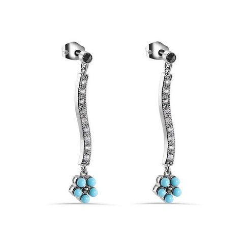 Sterling Silver Rhodium Plated Turquoise Flower Dangling Clear CZ Stud Earrings