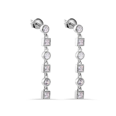 Sterling Silver Rhodium Plated Round and Square Dangling Clear CZ Stud Earring
