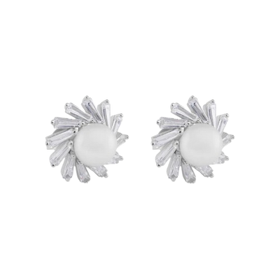 Sterling Silver Rhodium Plated Water Pearl Clear Baguette CZ Stud Earrings