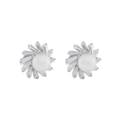 Sterling Silver Rhodium Plated Water Pearl Clear Baguette CZ Stud Earrings