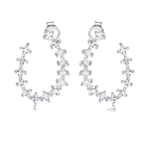 Sterling Silver Rhodium Plated Indented Semi Hoop Square Cut Clear CZ Stud Earrings