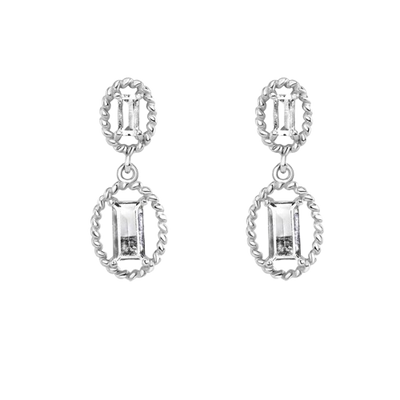 Sterling Silver Rhodium Plated Dangling Baguette CZ Stud Earrings