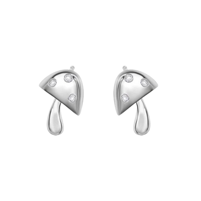 Sterling Silver Rhodium Plated Mushroom Clear CZ Stud Earrings