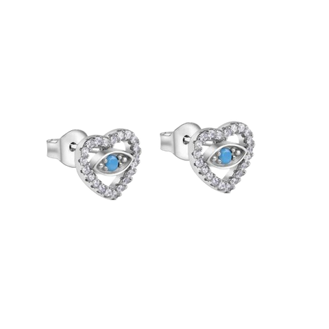 Sterling Silver Rhodium Plated Evil Eye Heart Clear CZ Stud Earrings