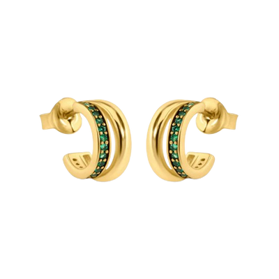 Sterling Silver Golden Plated Split Hoop Green CZ Stud Earrings