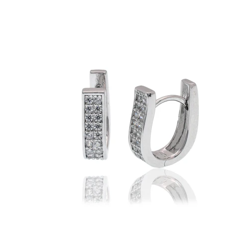 Sterling Silver Rhodium Plated U Shape Clear CZ Latch Earrings