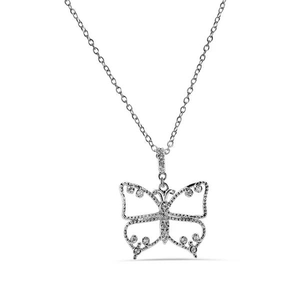 Sterling Silver Rhodium Plated Butterfly Outline Clear CZ Necklace