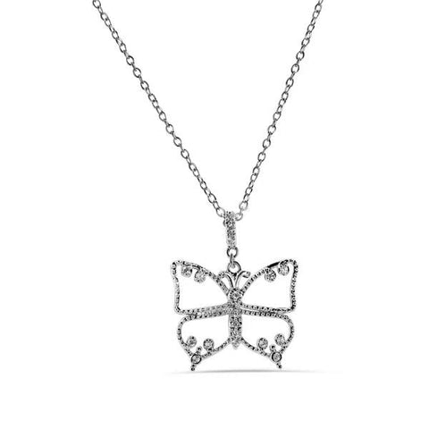 Sterling Silver Rhodium Plated Butterfly Outline Clear CZ Necklace