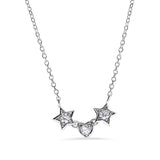 Sterling Silver Rhodium Plated 2 Stars and Heart CZ Necklace