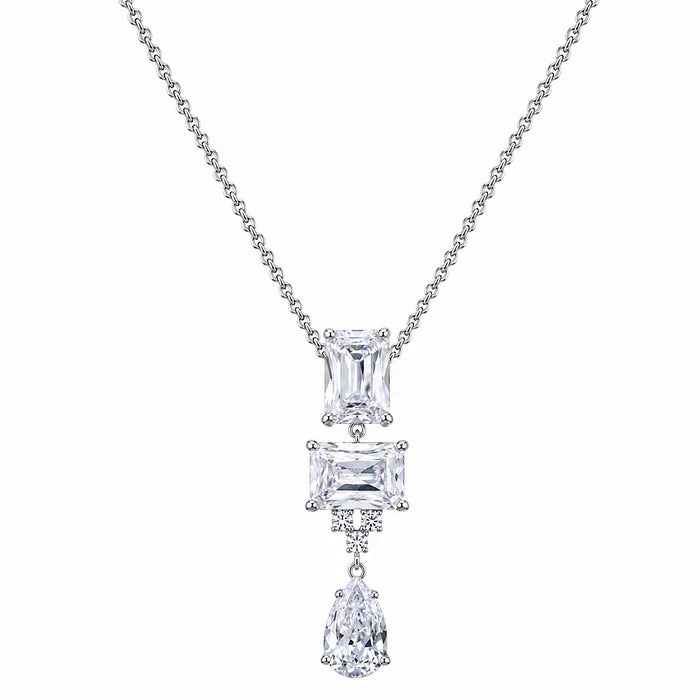 Sterling Silver Rhodium Plated Square Cut Clear CZ Bridal Necklace