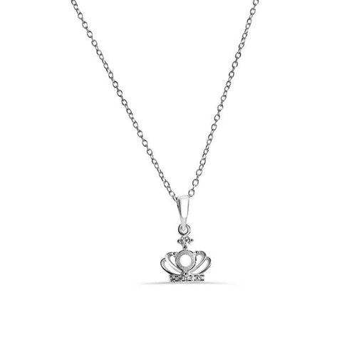 Sterling Silver Rhodium Plated Crown Mounting Clear CZ Necklace