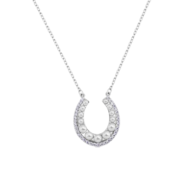 Sterling Silver Rhodium Plated Horseshoe Pearl Clear CZ Necklace