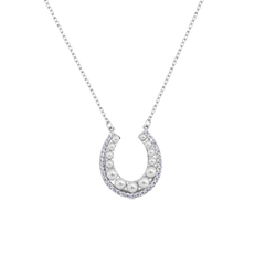 Sterling Silver Rhodium Plated Horseshoe Pearl Clear CZ Necklace