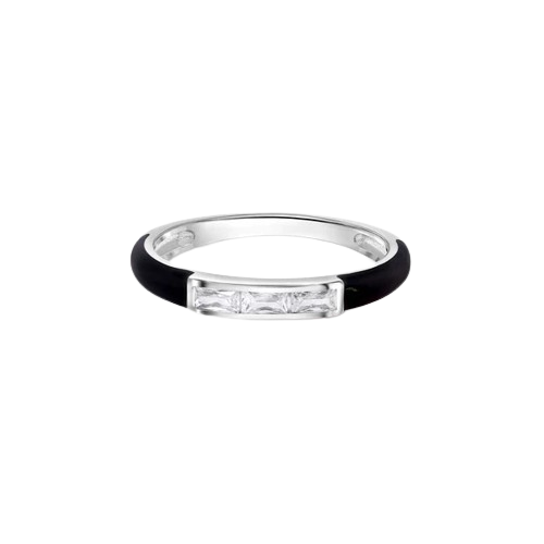 Sterling Silver Rhodium Plated Clear Black Enamel Baguette CZ 2.5mm Ring