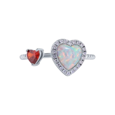 Sterling Silver Rhodium Plated 2 Hearts Synthetic Opal and Red CZ 1.5mm Ring