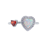 Sterling Silver Rhodium Plated 2 Hearts Synthetic Opal and Red CZ 1.5mm Ring