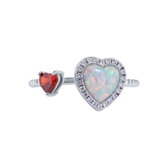 Sterling Silver Rhodium Plated 2 Hearts Synthetic Opal and Red CZ 1.5mm Ring