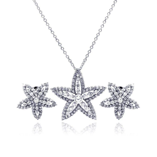 Sterling Silver Rhodium Plated Clear Star Flower CZ Stud Earring And Necklace Set