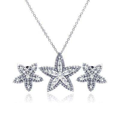 Sterling Silver Rhodium Plated Clear Star Flower CZ Stud Earring And Necklace Set