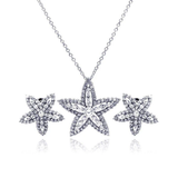 Sterling Silver Rhodium Plated Clear Star Flower CZ Stud Earring And Necklace Set