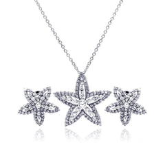 Sterling Silver Rhodium Plated Clear Star Flower CZ Stud Earring And Necklace Set
