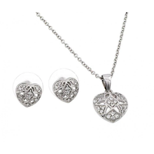 Load image into Gallery viewer, Sterling Silver Rhodium Plated Heart Flower Pave Set Clear CZ Stud Earring And Necklace Set