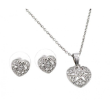 Sterling Silver Rhodium Plated Heart Flower Pave Set Clear CZ Stud Earring And Necklace Set