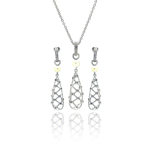 Sterling Silver Rhodium Plated Fishnet Drop Pearl Clear CZ Dangling Stud Earring And Necklace Set