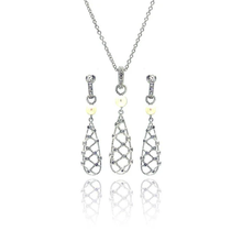 Load image into Gallery viewer, Sterling Silver Rhodium Plated Fishnet Drop Pearl Clear CZ Dangling Stud Earring And Necklace Set