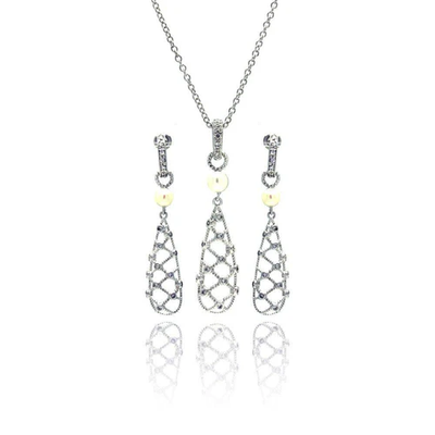 Sterling Silver Rhodium Plated Fishnet Drop Pearl Clear CZ Dangling Stud Earring And Necklace Set