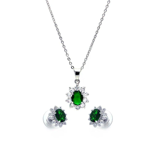 Sterling Silver Rhodium Plated Cluster Flower Green And Clear CZ Stud Earring And Necklace Set