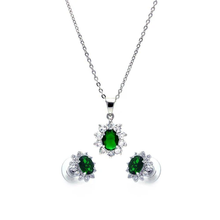 Load image into Gallery viewer, Sterling Silver Rhodium Plated Cluster Flower Green And Clear CZ Stud Earring And Necklace Set