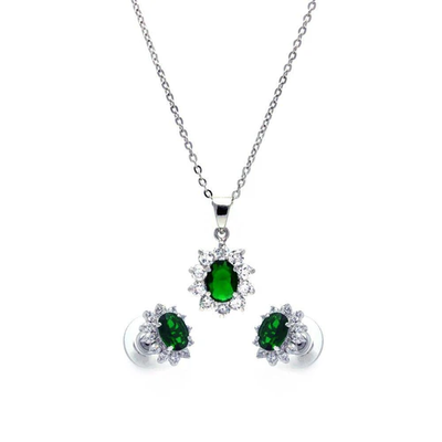 Sterling Silver Rhodium Plated Cluster Flower Green And Clear CZ Stud Earring And Necklace Set