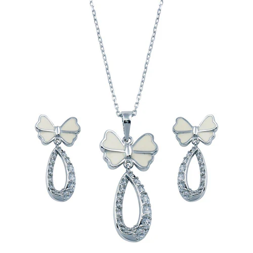 Sterling Silver Rhodium Plated Open Butterfly Teardrop Clear CZ Hanging Earring And Necklace Set
