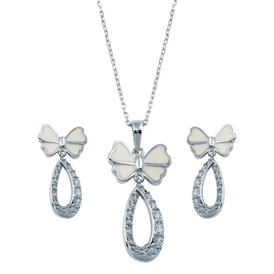 Sterling Silver Rhodium Plated Open Butterfly Teardrop Clear CZ Hanging Earring And Necklace Set