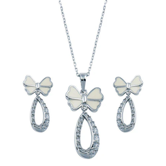 Sterling Silver Rhodium Plated Open Butterfly Teardrop Clear CZ Hanging Earring And Necklace Set
