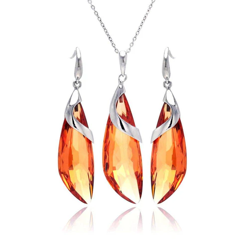 Sterling Silver Rhodium Plated Champagne Drop CZ Hook Earring And Necklace Set