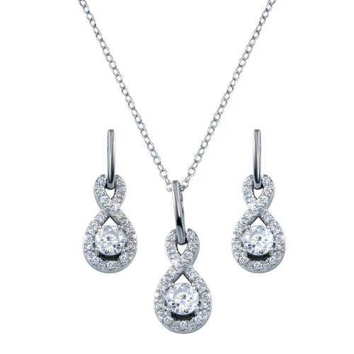 Sterling Silver Rhodium Plated Figure 8 Teardrop Clear CZ Dangling Stud Earring And Necklace Set