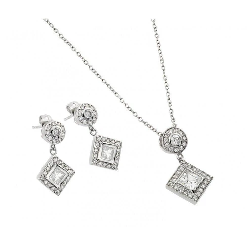 Sterling Silver Rhodium Plated Diamond Shape Square Clear CZ Dangling Stud Earring And Necklace Set