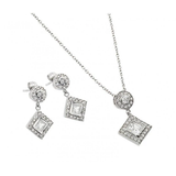 Sterling Silver Rhodium Plated Diamond Shape Square Clear CZ Dangling Stud Earring And Necklace Set