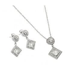 Sterling Silver Rhodium Plated Diamond Shape Square Clear CZ Dangling Stud Earring And Necklace Set