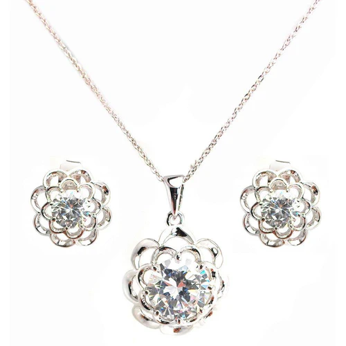 Sterling Silver Rhodium Plated Flower Clear CZ Stud Earring And Necklace Set
