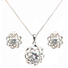 Load image into Gallery viewer, Sterling Silver Rhodium Plated Flower Clear CZ Stud Earring And Necklace Set