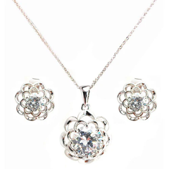 Sterling Silver Rhodium Plated Flower Clear CZ Stud Earring And Necklace Set