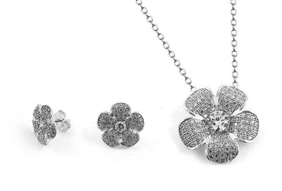 Sterling Silver Rhodium Plated Pave Set Flower Clear CZ Stud Earring And Necklace Set