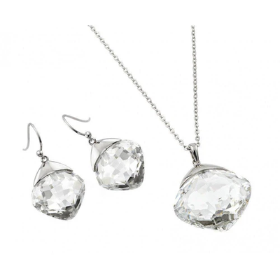 Sterling Silver Rhodium Plated Clear Diamond Shaped Clear CZ Hook Earring And Necklace Set
