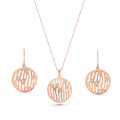 Sterling Silver Rose Gold Plated Abstract Disc Clear CZ Earring And Necklace Set