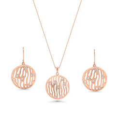 Sterling Silver Rose Gold Plated Abstract Disc Clear CZ Earring And Necklace Set