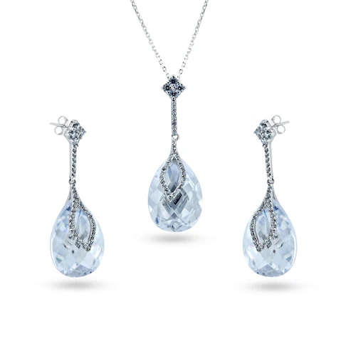 Sterling Silver Rhodium Plated Drop Clear CZ Hanging Stud Earring And Necklace Set