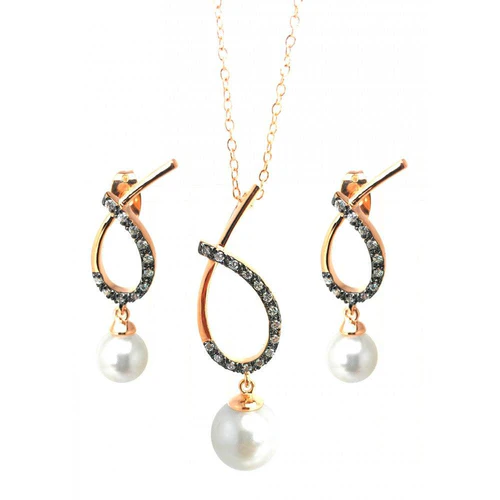 Sterling Silver Black Rhodium And Gold Plated Open Overlap Teardrop Oval Pearl And Clear CZ Hanging Stud Earring And Necklace Set